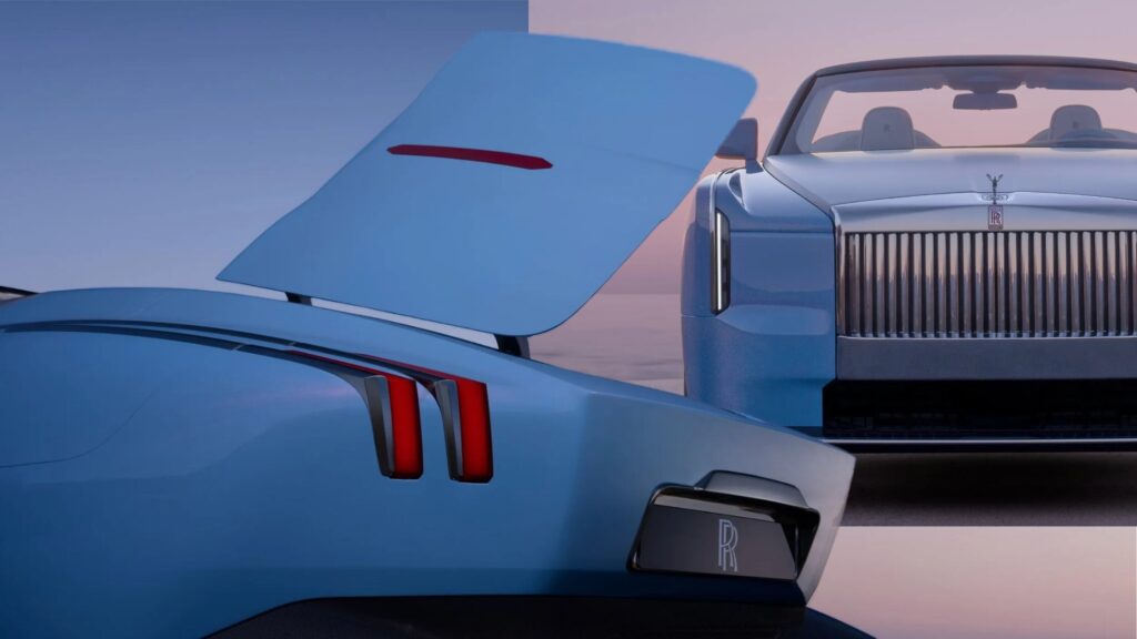 Rolls-Royce Nightingale electric convertible with boat-tail rear end and piano boot trunk (Photo credit: Rolls-Royce)