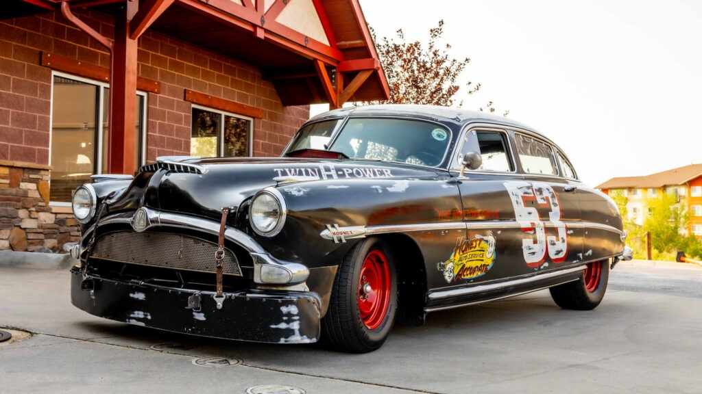 1953 Hudson Hornet leading a classic car caravan along Route 66 (Photo credit: Drive Toward a Cure)