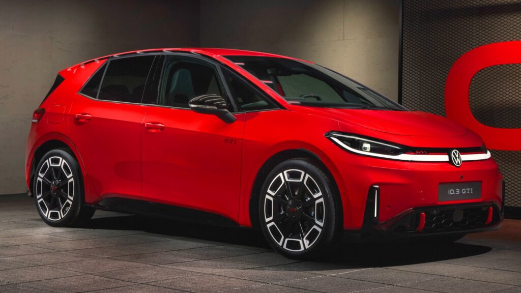 Volkswagen ID.3 GTI electric hot hatch in Tornado red with black Worthersee wheels (Photo credit: VW)